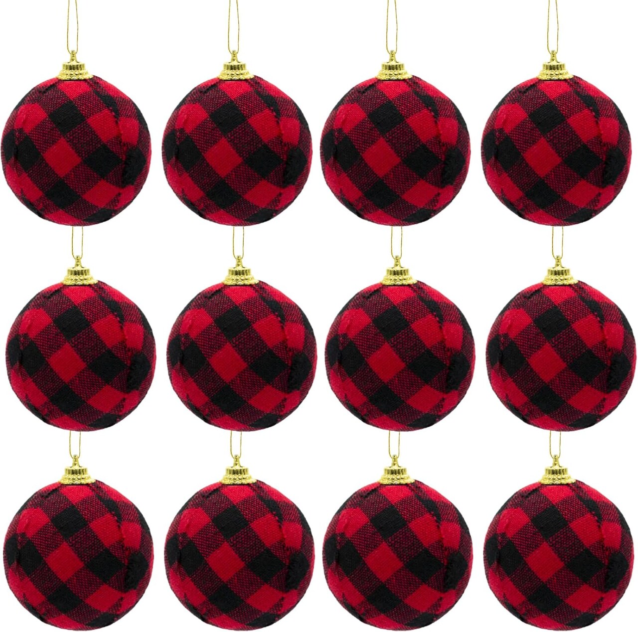 12pcs Christmas Ball Buffalo Plaid Fabric Christmas Balls 2.4"/60mm Hanging Ornaments Xmas Baubles Decorative Christmas Tree Hanging Ornaments for Party Holiday Decoration